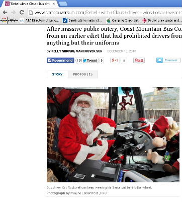 サンタに扮したバスの運転手。（Vancouver Sun紙のウェブサイトより）