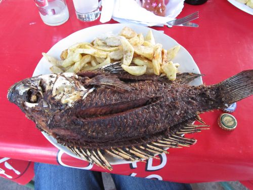 ティラピアという川魚の素揚げとフライドポテト。14,000シリング（約360円）。