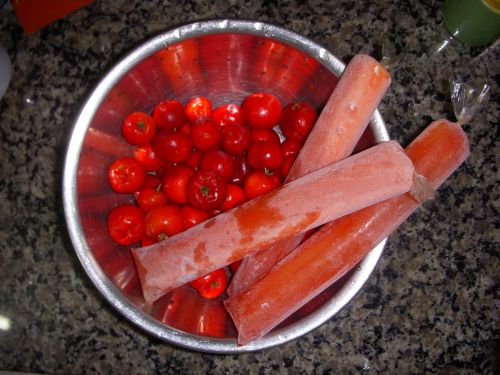 アセロラの果実と家庭で冷凍したアセロラジュースの素