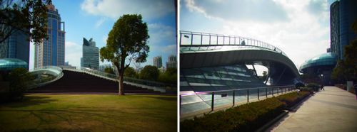 しずくの形をした建物「一滴水」と、夜になると七色に光る「彩虹橋」