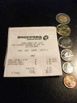 カナダの硬貨とレシート。8.87ドルの買い物の現金支払いは8.85ドルに。ちょっぴり得した気分？！