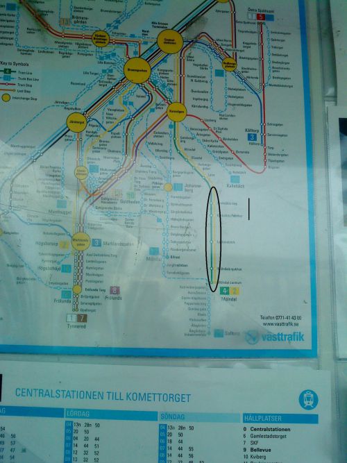 路線図を見ても、どこで料金が変わるのか、その境界が書かれていません。色つきで表示されている電車路線では、私が丸をつけた場所がヨーテボリ市外「モルンダール」、しかし線を引いてある区間は市外であってもヨーテボリ市内として利用できます。