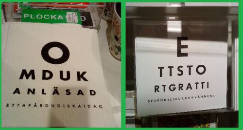 視力表をあしらった食器洗いふきんやメッセージカードなどの小物もよく見かけます。視力表に似せた文字は、順番に読んでいくと文章になっています。