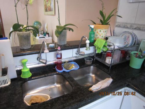 ２つの流しのそれぞれに上水道からと貯水槽からの蛇口が設置されている一軒家の家庭のキッチン