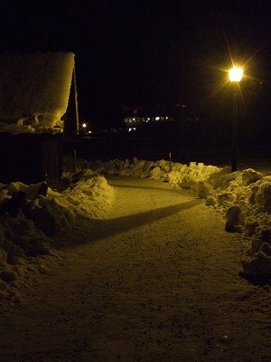 キンとした冷えた夜空は星たちがきれいに見え、頼りなげな灯りの中の雪のぼんやりとした白が幻想的に見えました。