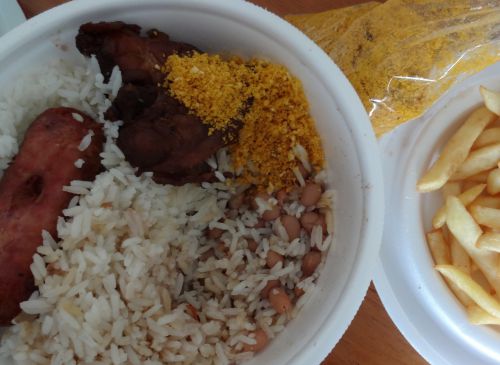 容器の底に入れられたフェイジョンがご飯の下に見えるマルミテックス