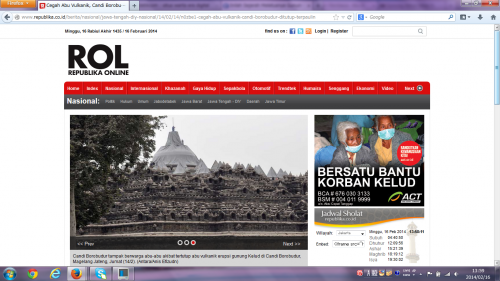 Republika(http://www.republika.co.id)より。火山灰がかからないよう布を覆ったボルブドゥール遺跡。現在閉鎖中とのこと