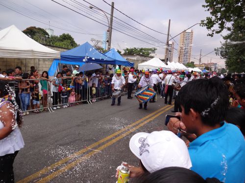 ボリビアコミュニティーのカーニヴァルで、パレードの方向に向かって泡スプレーを飛ばす様子