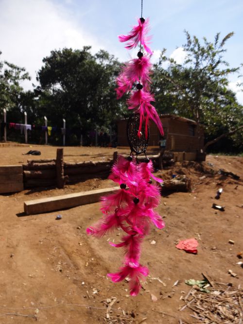 蜘蛛の巣のような飾りに、鳥の羽をぶら下げたインディオ由来の魔よけ