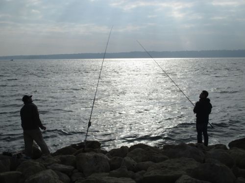 連休中はビーチも混み合い、魚釣りする人もたくさん