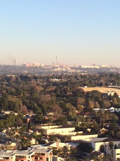 遠くに見えるタワーや建物群が、ヨハネスブルグの中心部（タウン）