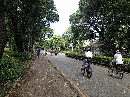 ランナーと自転車を楽しむ人たちがたくさんいます