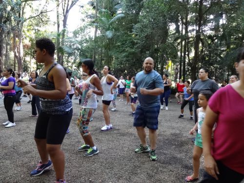 サンパウロ市のリナ・イ・パウロ・ハイア公園でズンバをする人々