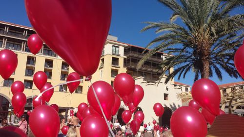 配られた風船を飛ばす準備をしている人々