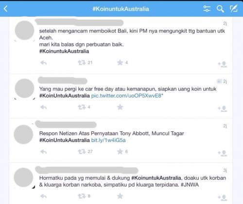 Koin untuk Australia」や「Coin for Australia」は、ツイッターのハッシュタグにもなっています。読んでいると、オーストラリア人からのインドネシア擁護のコメントも見られます