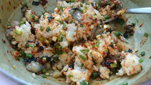 出てきた活タコと薬味にご飯を混ぜて食べる「サンナクチビビンバ」