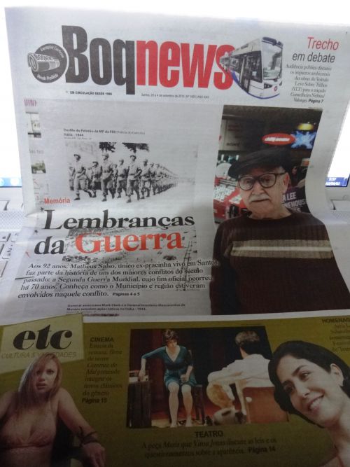 ブラジルのサントス市の地元紙ボケニュース。第二次世界大戦中、イタリア遠征軍で戦ったイタリア移民2世のサルソさんが表紙に飾る（右上）