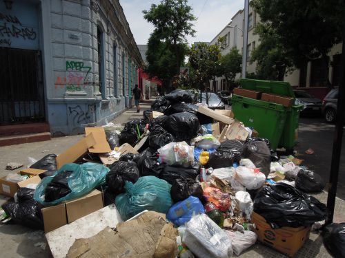 大量のゴミが散らかり、野良犬や鳩がゴミを漁ったりしています。