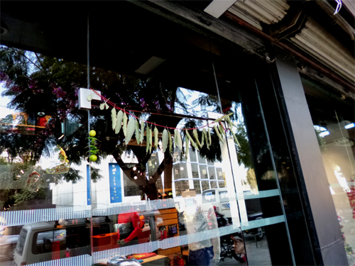 ドアの上にかけられた葉っぱ。邪悪な客は入れません？