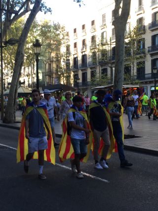 カタルーニャ州国旗をまとって街頭を練り歩く市民