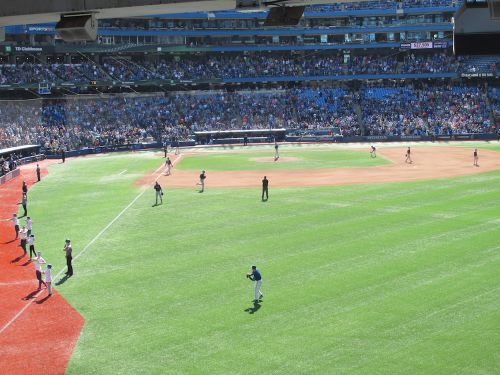 グラウンドで一緒にブルージェイズにエールを送ります