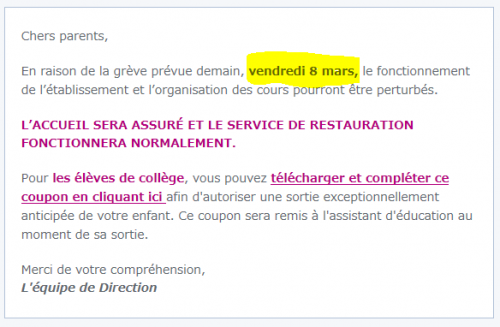 交通機関・授業などのストライキについて息子の学校からの通知メイル。