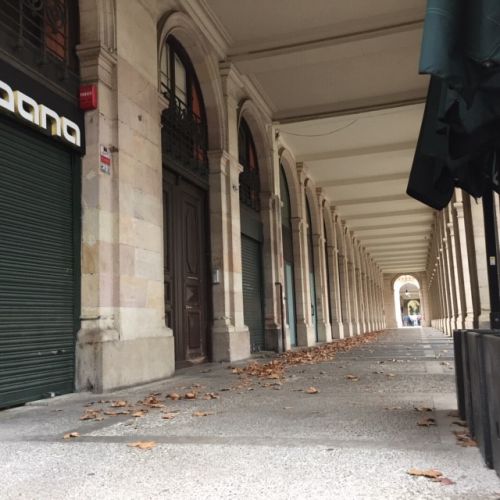 普段、アーチ下にパラソルとイスとテーブルが並ぶのに、落ち葉が溜まっています。