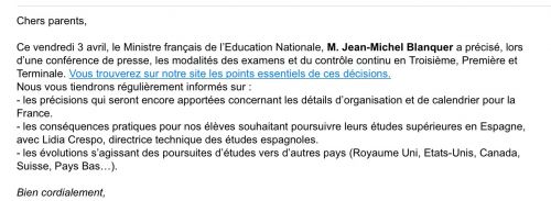  息子のフランス学校から メール。試験中止の詳細連絡 。
