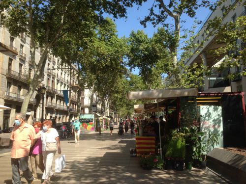 今年のサン・ジョルディの日のメイン通りランブラスの様子。2020年7月23日撮影